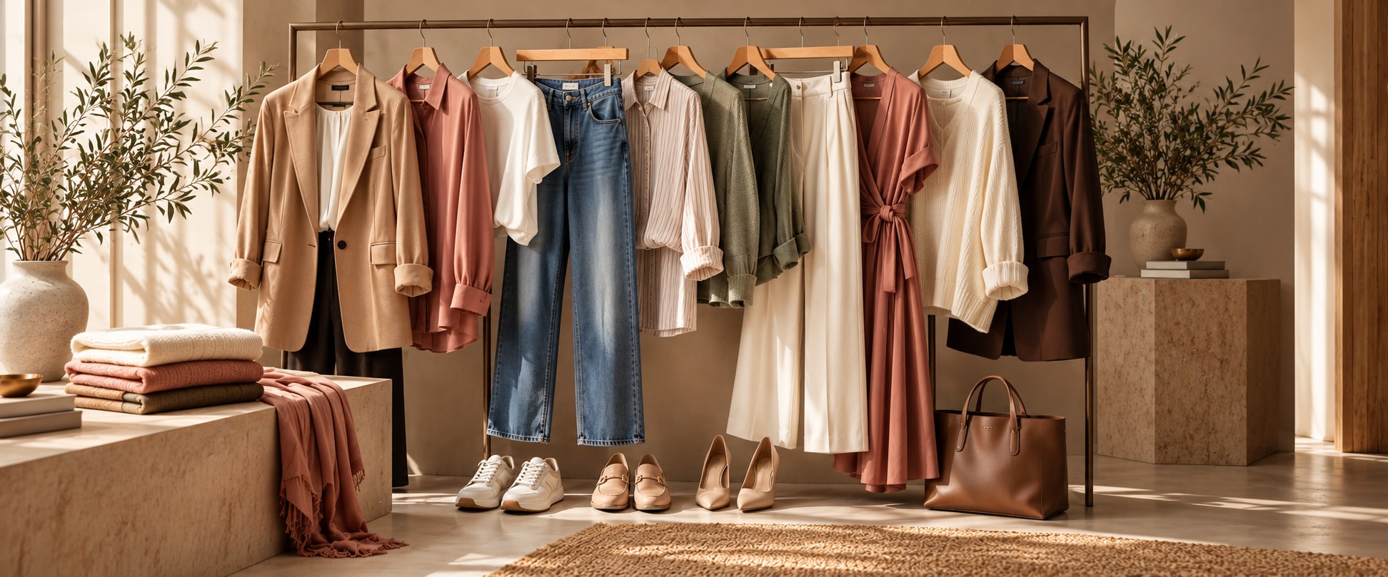 Kuratierte Auswahl an Alma & Estilo Kleidungsstücken auf einem Kleiderständer