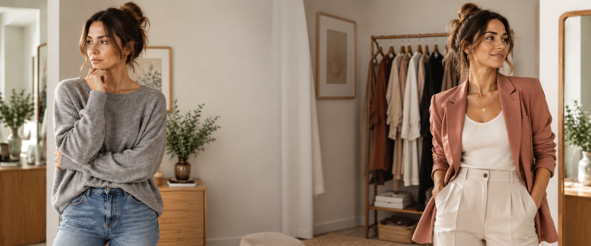 Dieselbe Frau zweimal: zurückhaltendes Styling links, harmonisch abgestimmtes Styling rechts